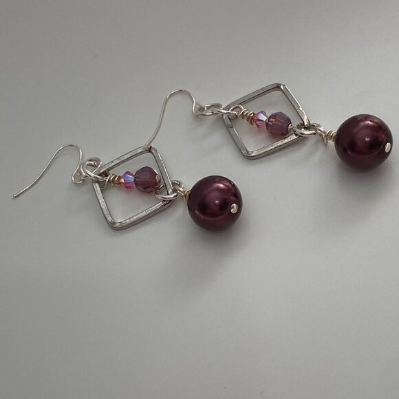 Austrian Crystals & Pearls on Rhodium Plated Squares with Fisherman Hook Earring - Picture 3 of 4
